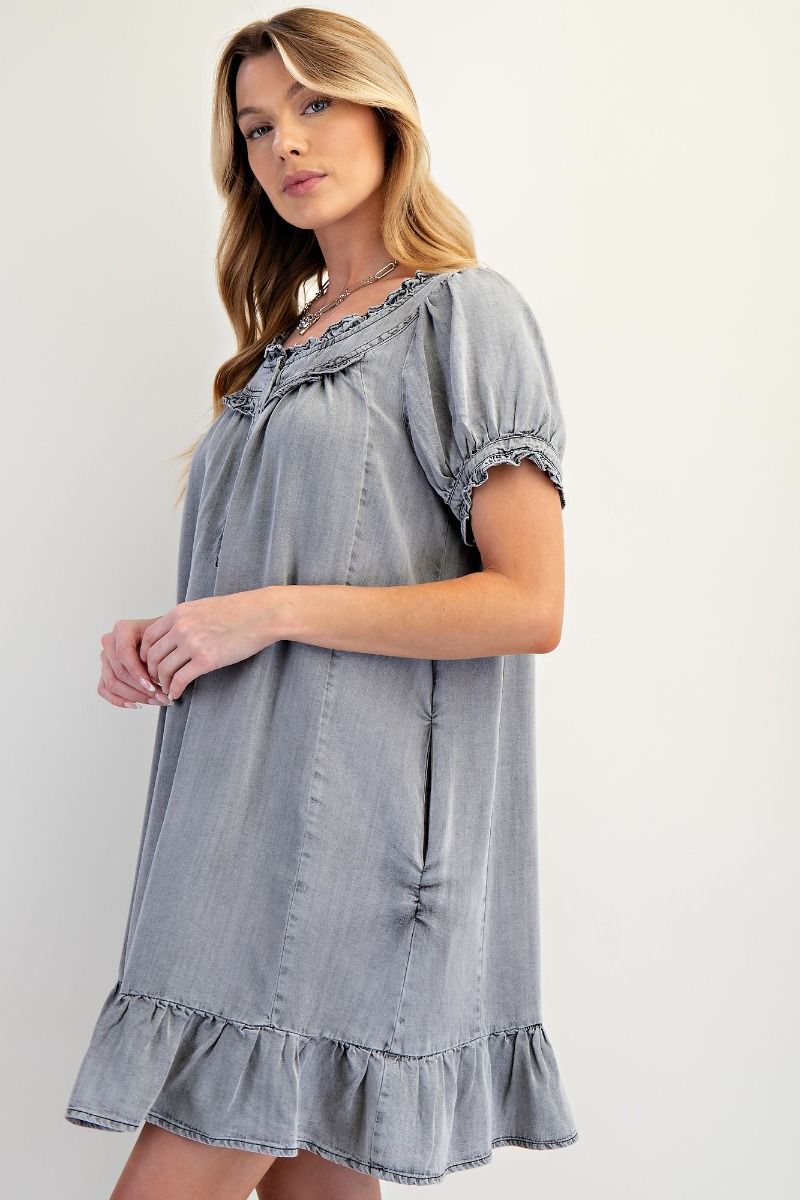Western boho chambray ruffled dress by Easel