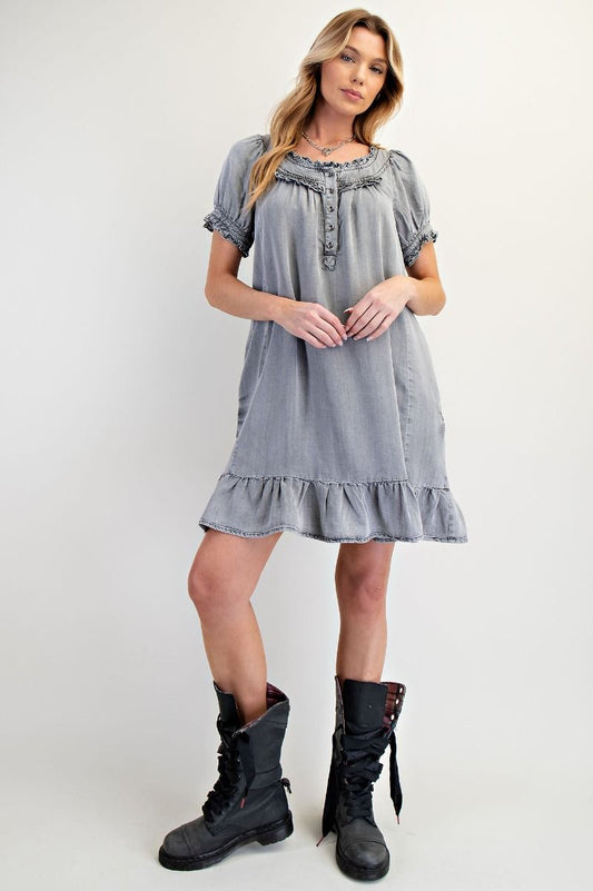 Western boho chambray ruffled dress by Easel