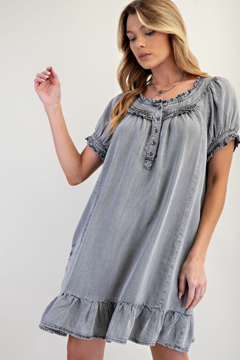 Western boho chambray ruffled dress by Easel