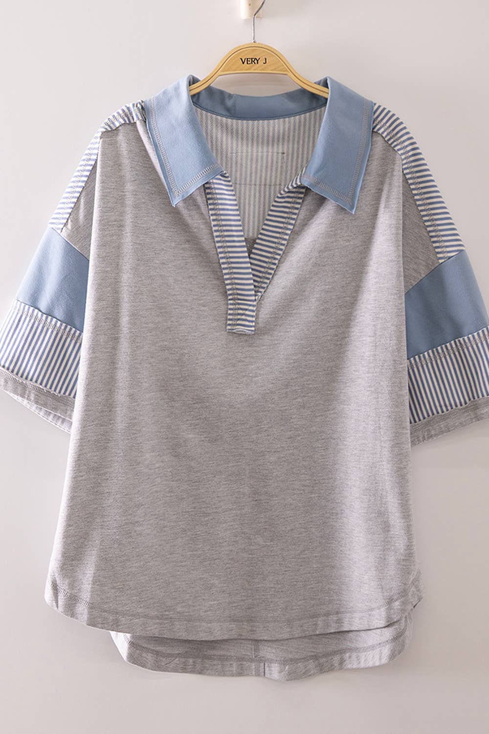 Oversized Collared Knit Top | Contrast Detail Half Sleeve Casual Shirt