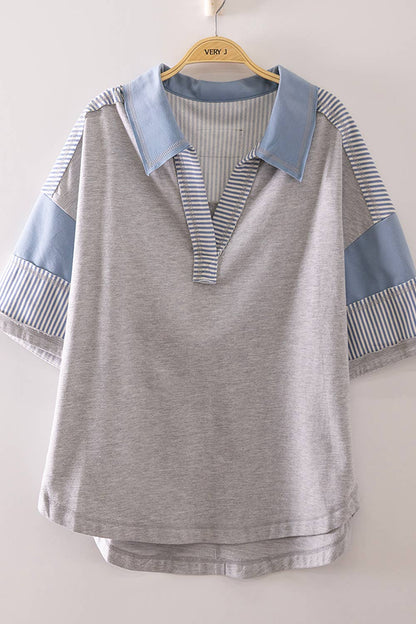 Oversized Collared Knit Top | Contrast Detail Half Sleeve Casual Shirt