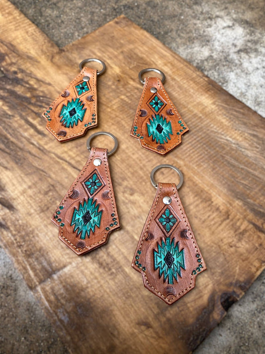 Aztec Leather Keychain | Embossed Aztec Pattern Faux Leather Key Ring Accessory