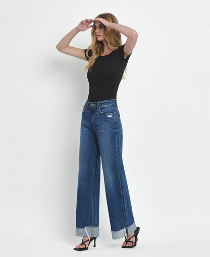 Vervet Super High Rise Baggy Wide Leg Jeans | Dark Wash Cuffed Denim T6614