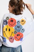 Easel DOLMAN SLEEVES HAPPY FACE PRINTED TERRY PULLOVER