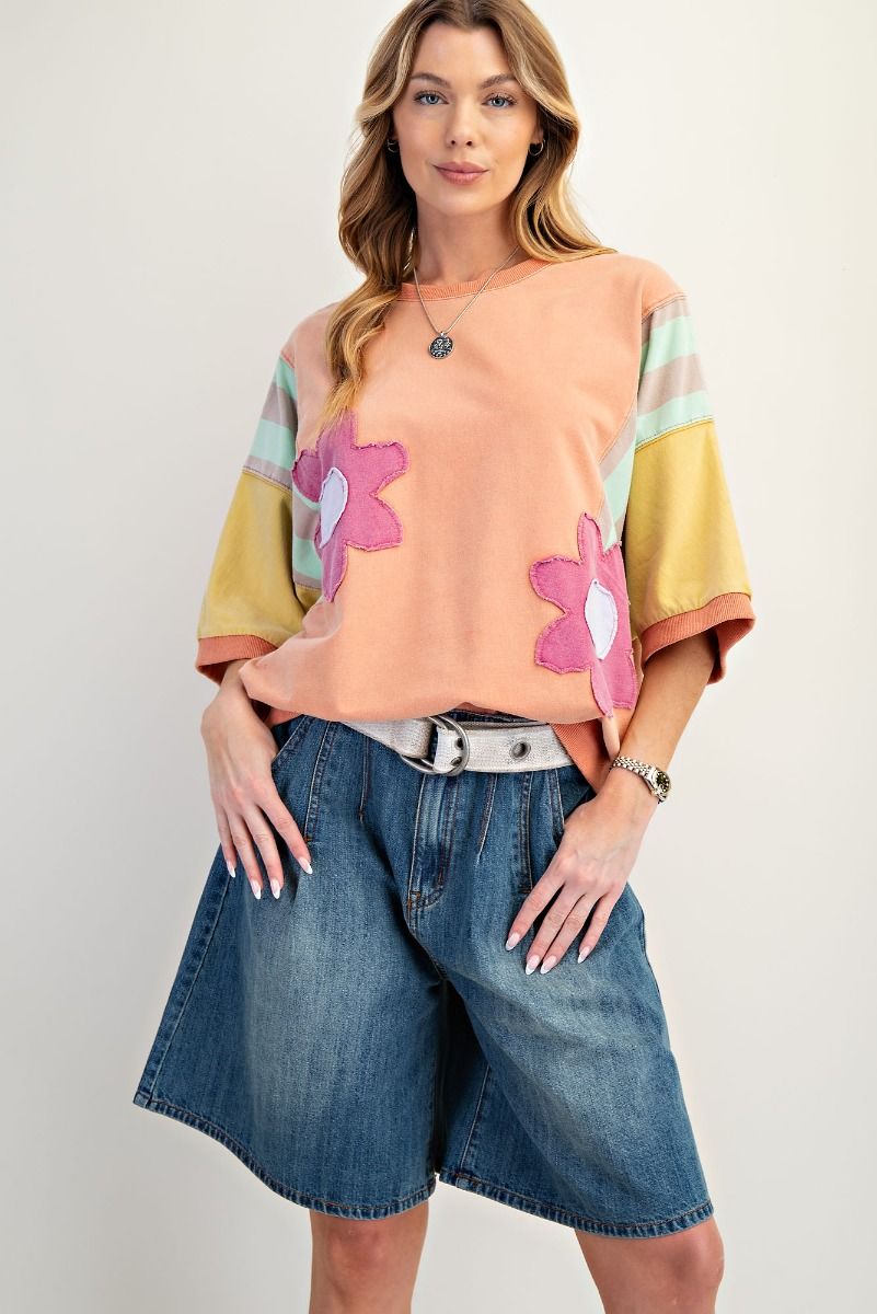 Easel color block terry knit pullover with floral patch