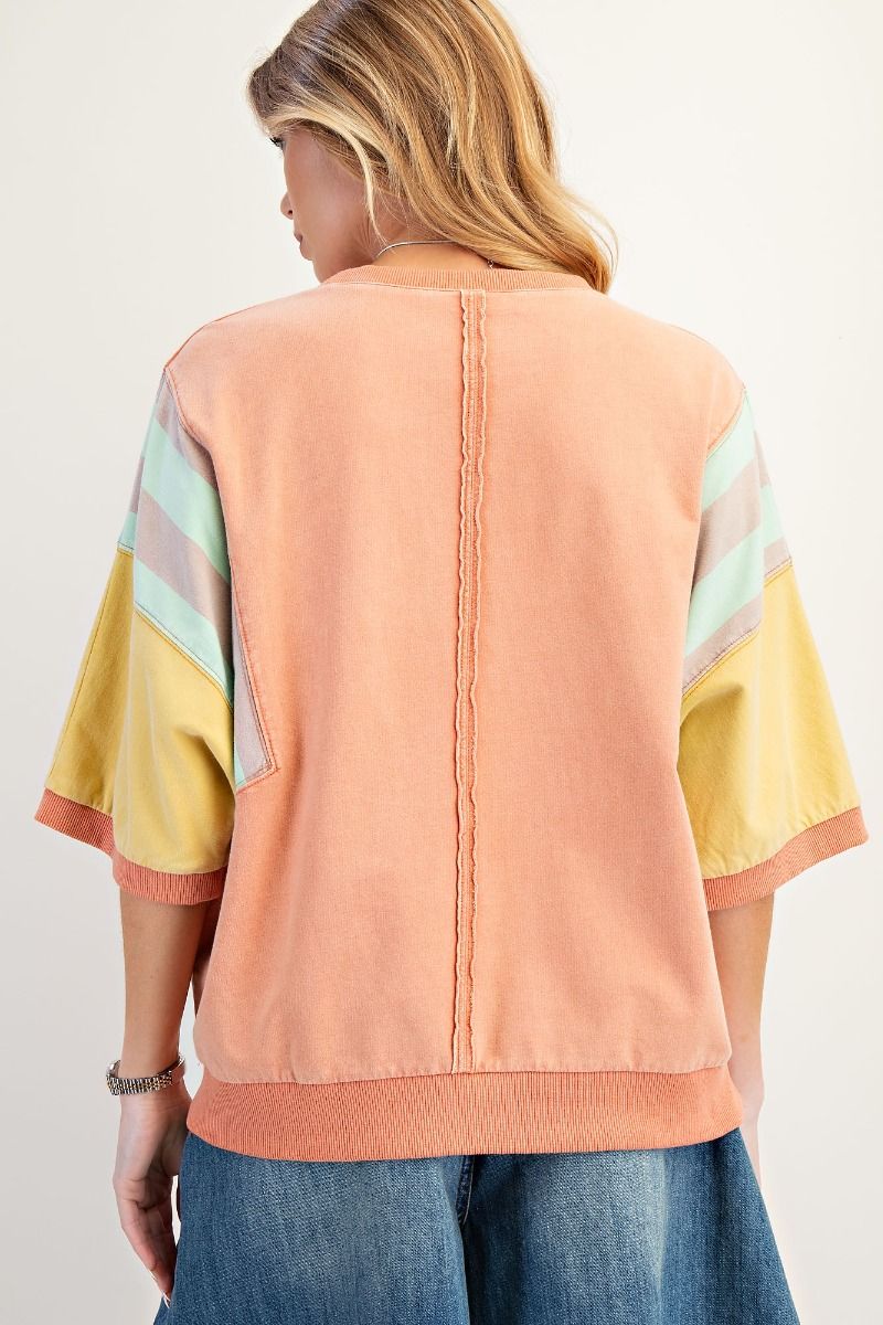 Easel color block terry knit pullover with floral patch