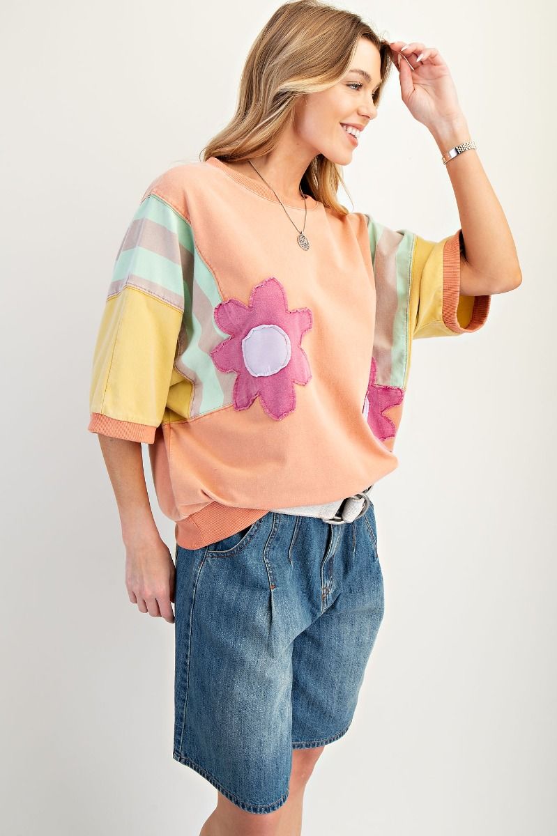 Easel color block terry knit pullover with floral patch