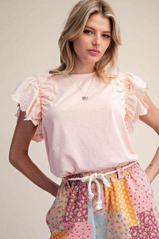 Soft Spoken Eyelet Wing Sleeve Top by Easel