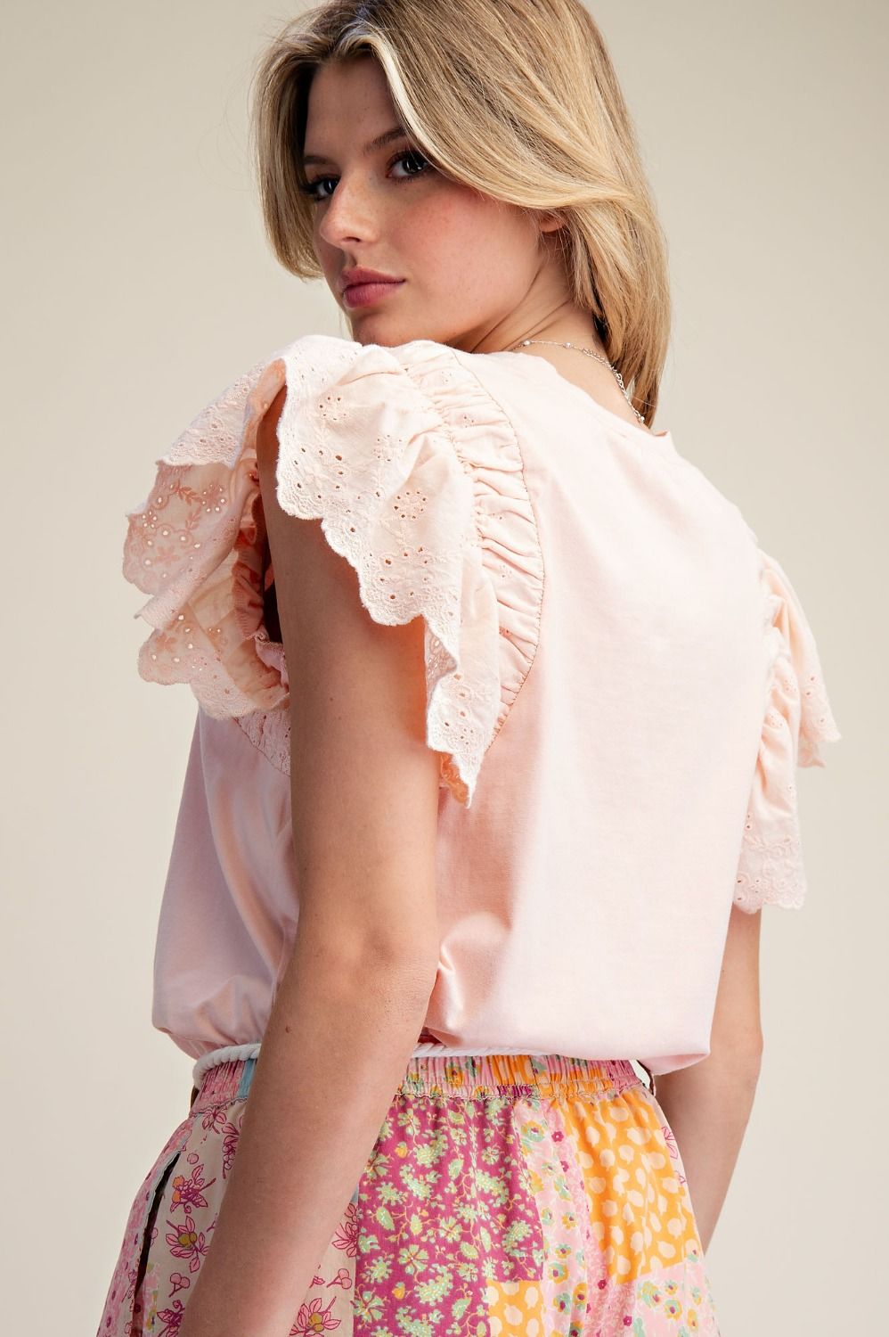 Soft Spoken Eyelet Wing Sleeve Top by Easel
