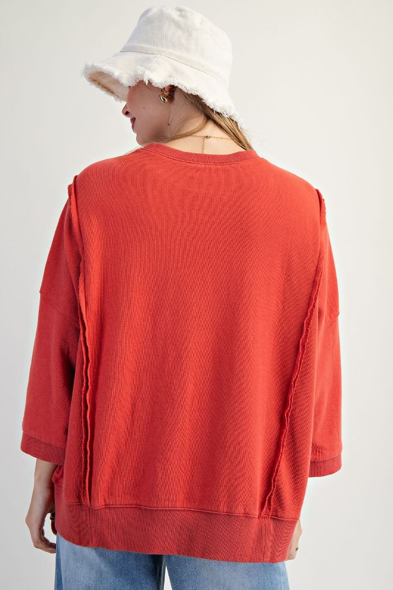 Easel Bow Patch Bottom Hem Mineral Washed Terry Pullover – Oversized Floral Bow Detail Sweater