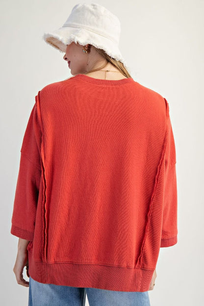 Easel Bow Patch Bottom Hem Mineral Washed Terry Pullover – Oversized Floral Bow Detail Sweater