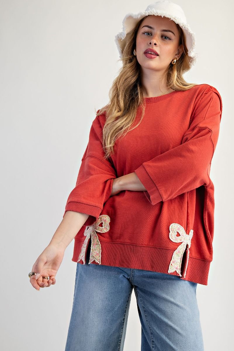 Easel Bow Patch Bottom Hem Mineral Washed Terry Pullover – Oversized Floral Bow Detail Sweater