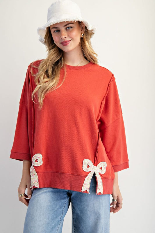 Easel Bow Patch Bottom Hem Mineral Washed Terry Pullover – Oversized Floral Bow Detail Sweater