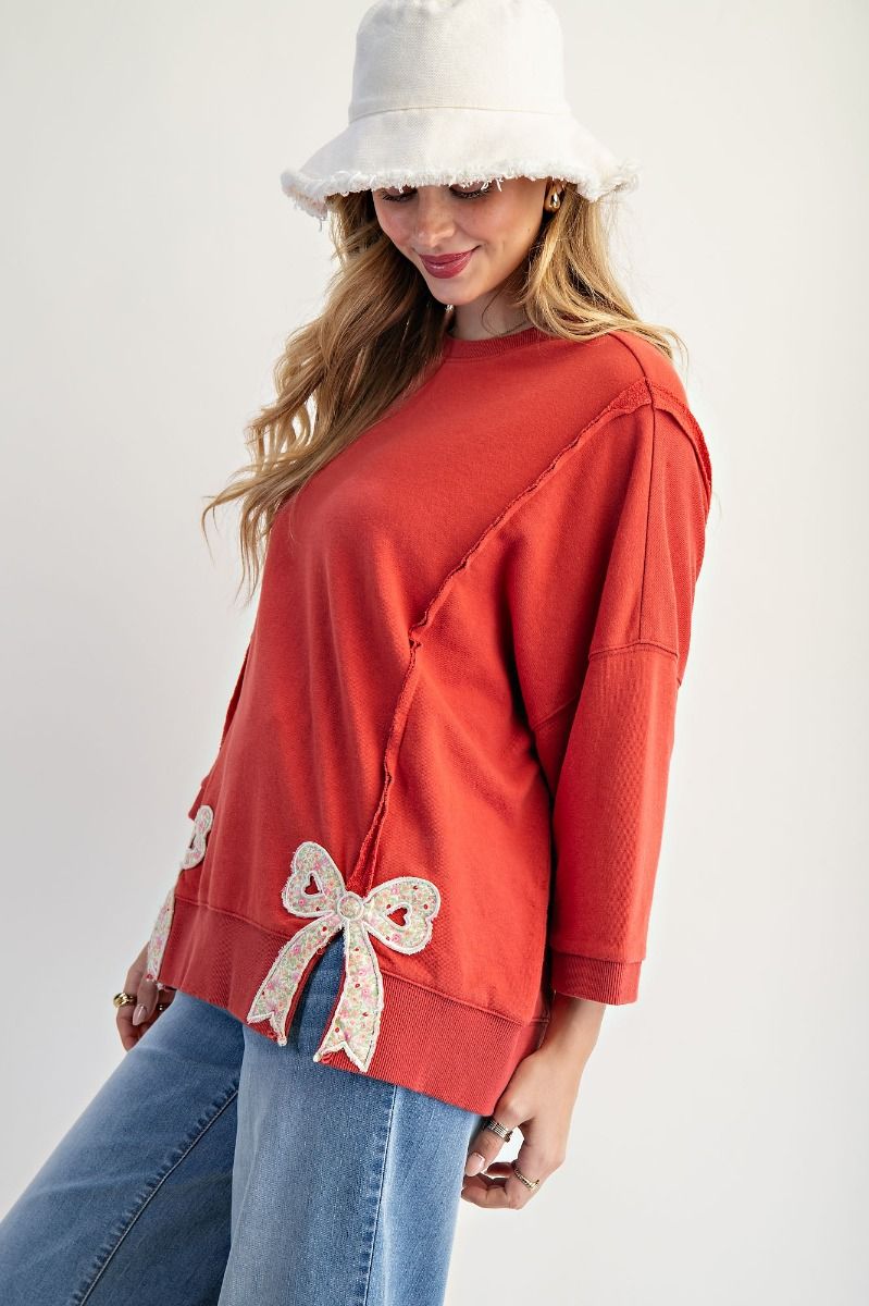 Easel Bow Patch Bottom Hem Mineral Washed Terry Pullover – Oversized Floral Bow Detail Sweater