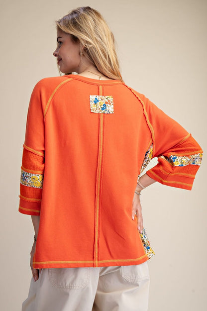 Sunburst Patchwork Boxy Top – Burnt Orange Floral Mix Cotton Statement Blouse by Easel