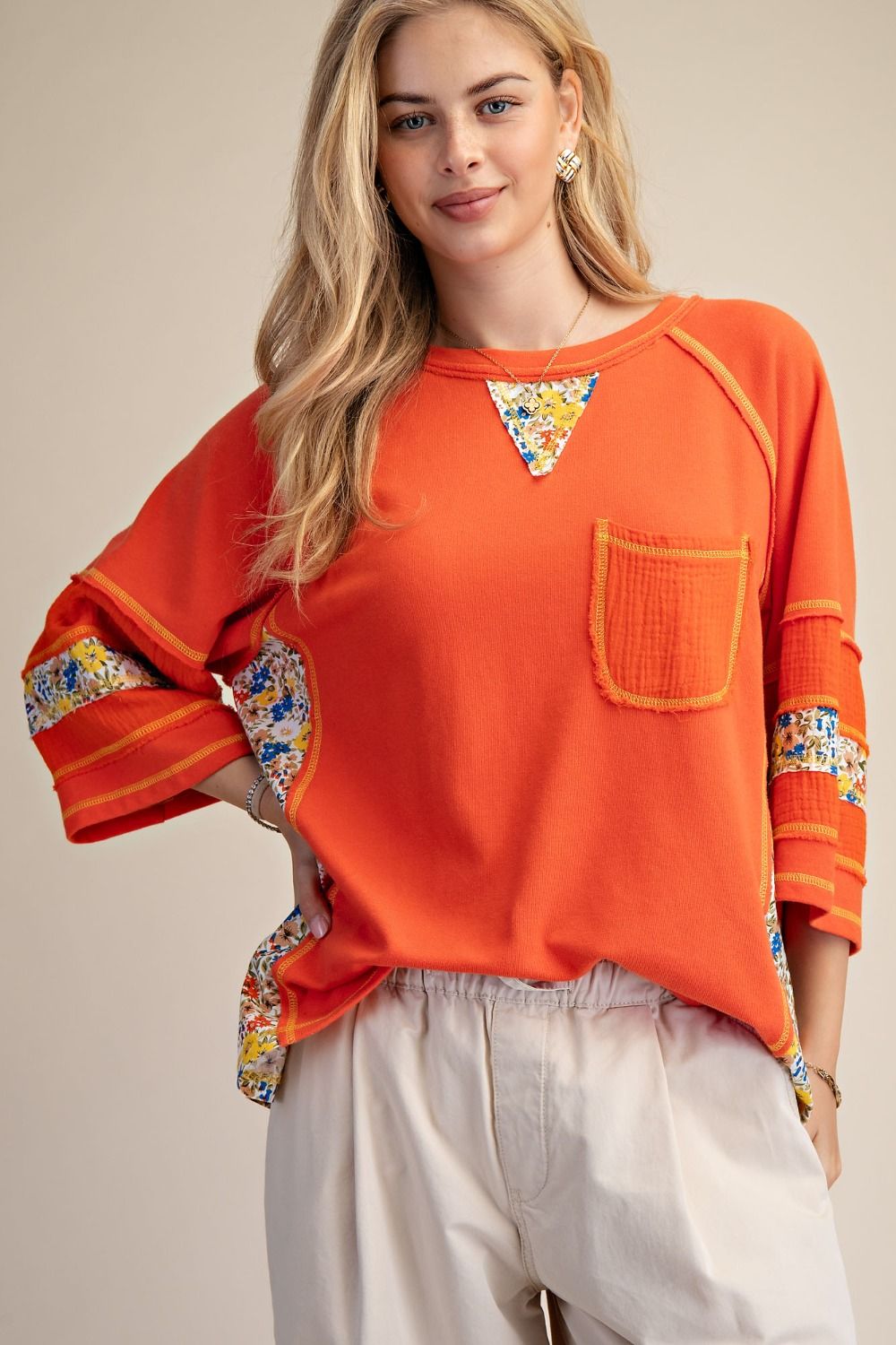 Sunburst Patchwork Boxy Top – Burnt Orange Floral Mix Cotton Statement Blouse by Easel