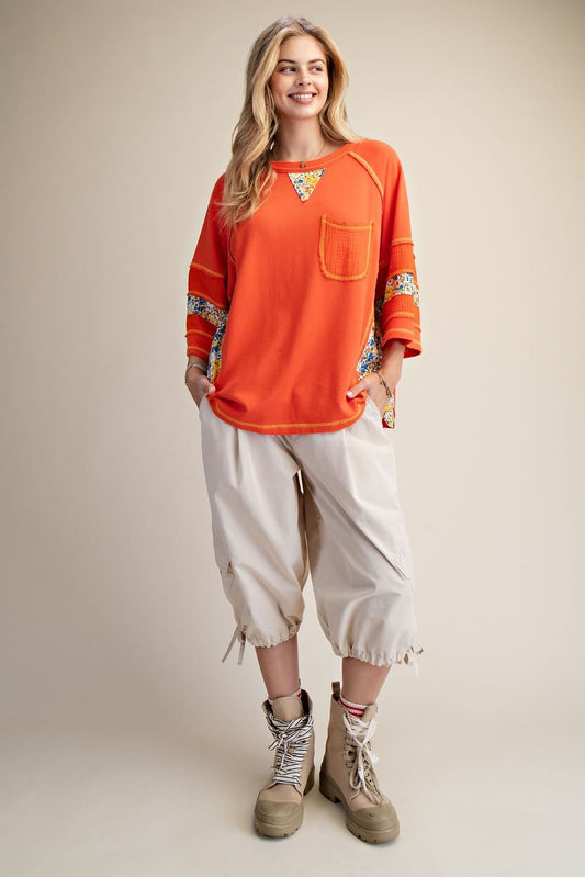 Sunburst Patchwork Boxy Top – Burnt Orange Floral Mix Cotton Statement Blouse by Easel