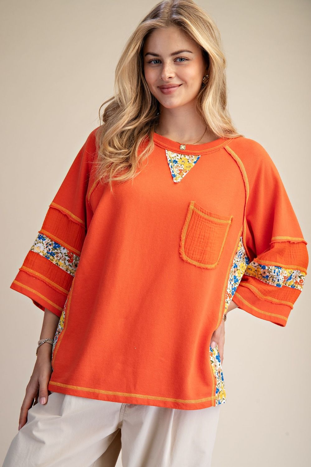 Sunburst Patchwork Boxy Top – Burnt Orange Floral Mix Cotton Statement Blouse by Easel