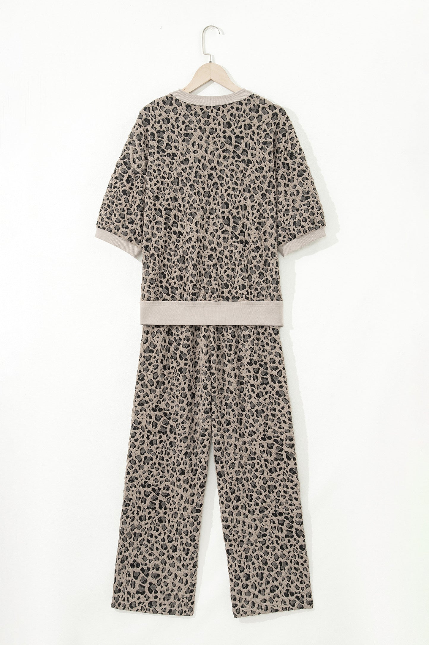 Wild Luxe Jacquard Leopard Two Piece Set – Khaki Puff Sleeve Top & Wide Leg Pants
