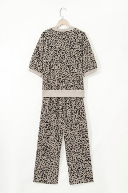 Wild Luxe Jacquard Leopard Two Piece Set – Khaki Puff Sleeve Top & Wide Leg Pants