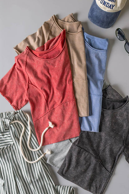 Mineral Washed Fitted Crop Top | Raw Edge Short Sleeve Tee