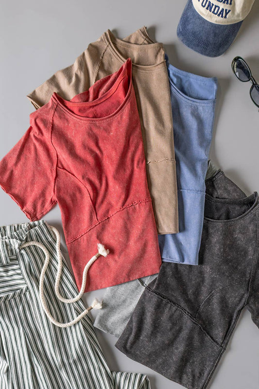 Mineral Washed Fitted Crop Top | Raw Edge Short Sleeve Tee