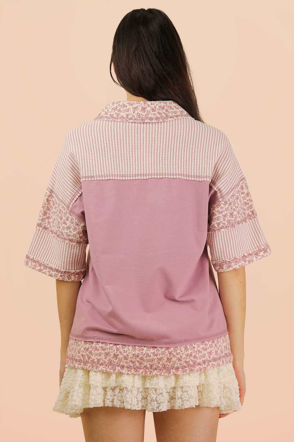 Blush Contrast Collared Knit Top | Oversized Half Button Down Shirt