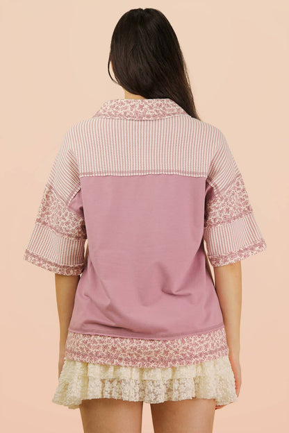 Blush Contrast Collared Knit Top | Oversized Half Button Down Shirt