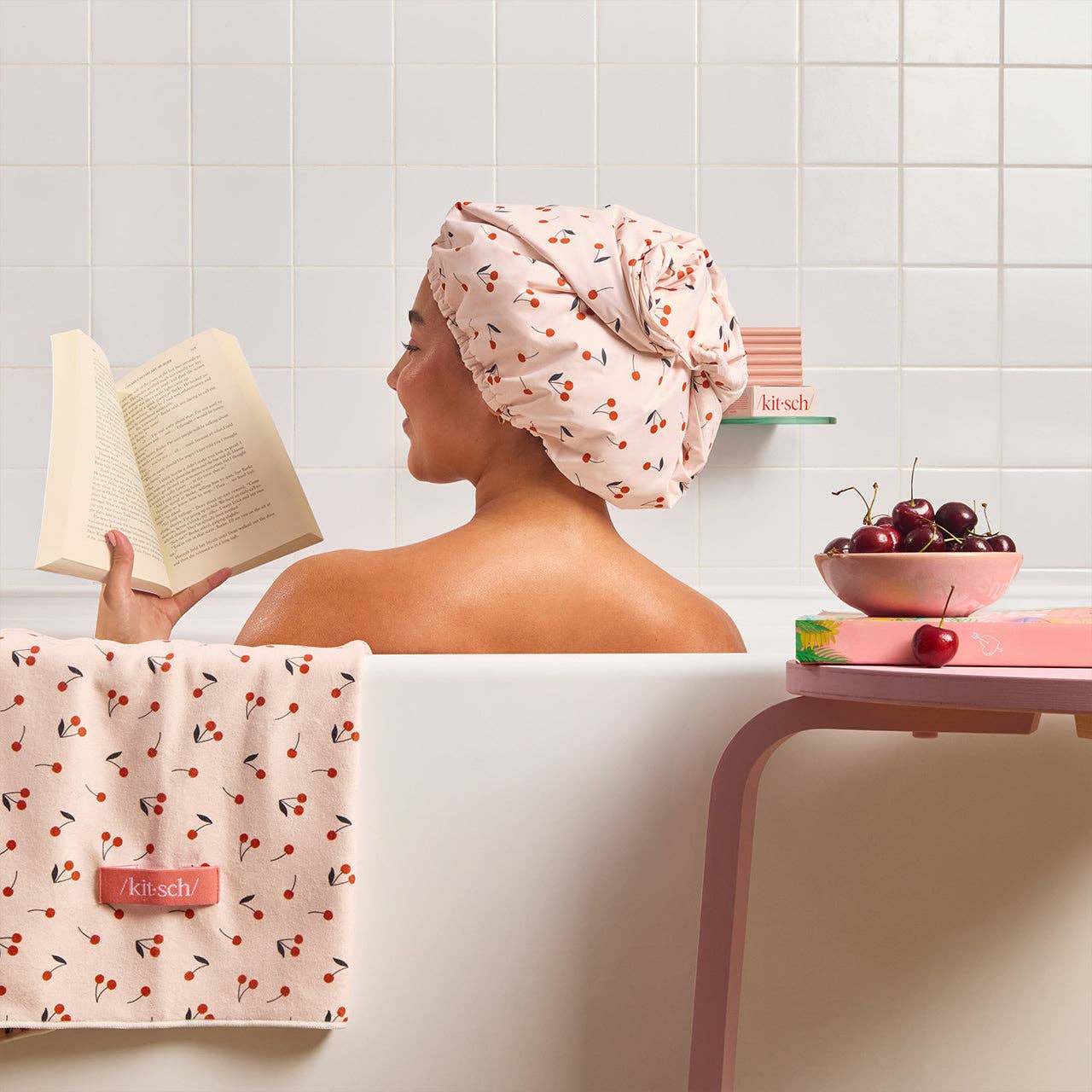 Satin-Lined Flexi Shower Cap – Cherry Print 🚿 Cute, Comfy & Hair-Friendly by Kitsch