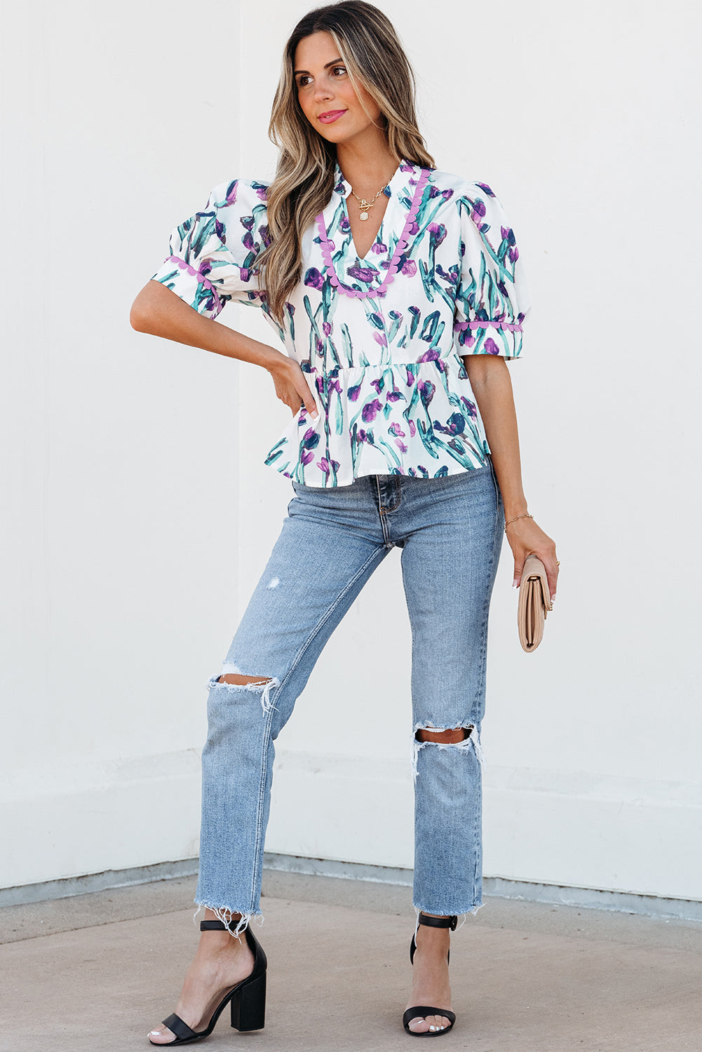 Purple Floral Ricrac Trim Half Sleeve Peplum Top | Romantic V-Neck Ruffle Blouse
