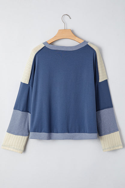 Dark Blue Star Patchwork Colorblock Long Sleeve Top – Oversized Knit Contrast Tee