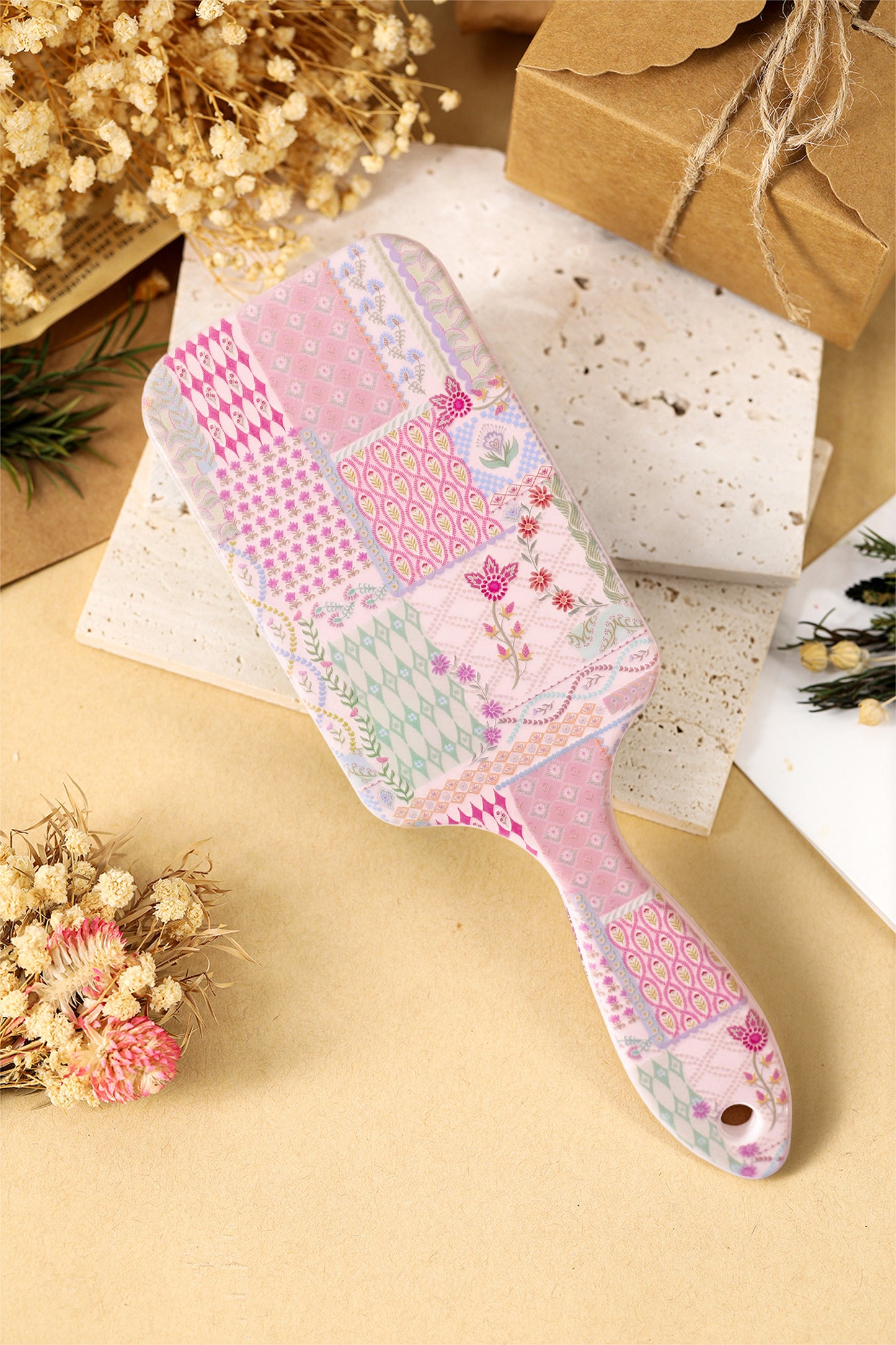 Boho Floral Paddle Hair Brush – Detangling Wide Comb with Soft Bristles