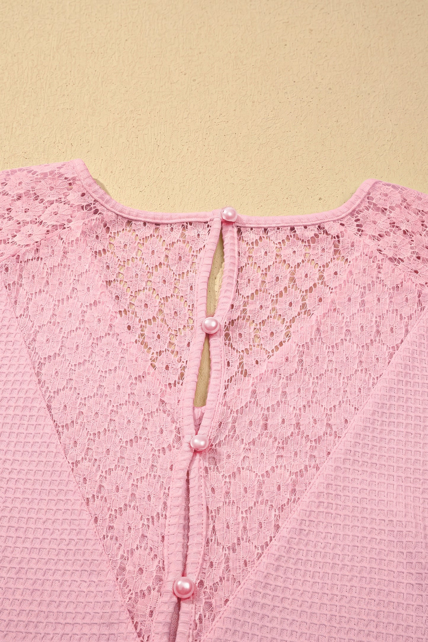 ~PREORDER ~ Lace Splicing Button Cutout V Neck Waffle Knit Blouse ~PREORDER ~