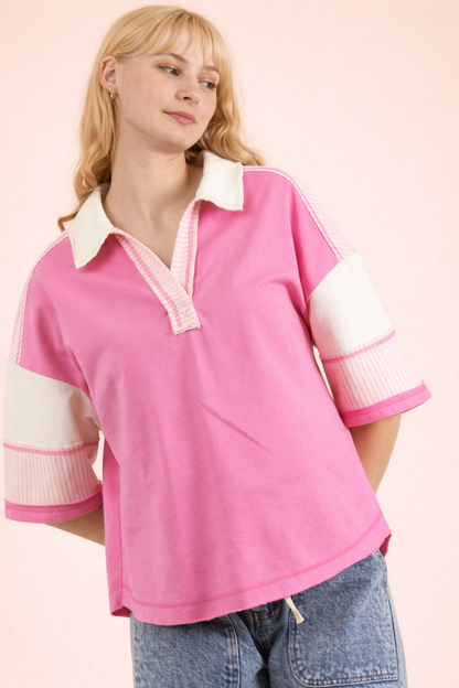 Oversized Collared Knit Top | Contrast Detail Half Sleeve Casual Shirt