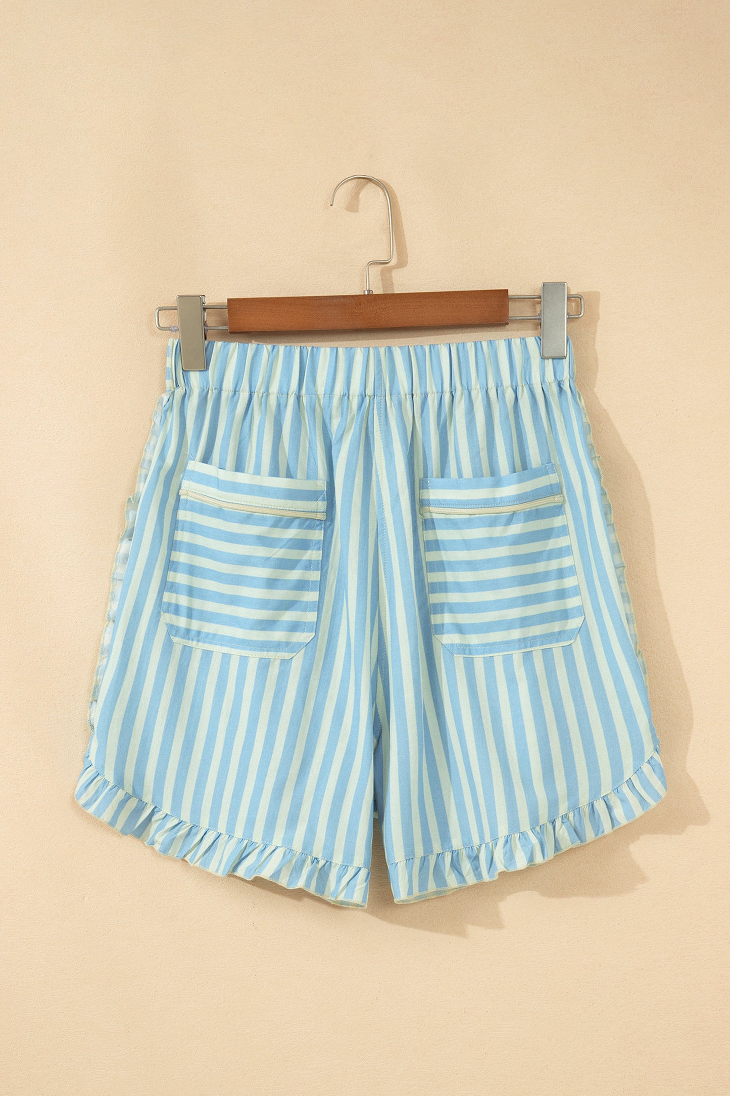 Blue Skies Ruffle Trim Shorts | Sky Blue Striped Elastic Waist Shorts