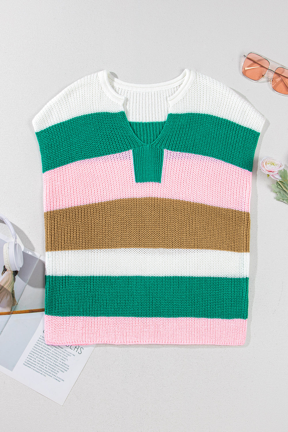 Multicolor Color-Block Notch V-Neck Sweater – Vibrant & Cozy Pullover