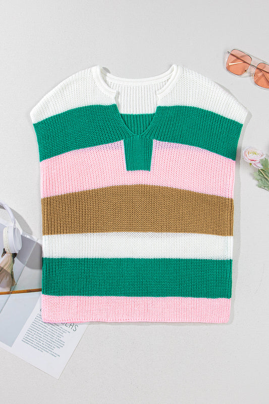 Multicolor Color-Block Notch V-Neck Sweater – Vibrant & Cozy Pullover