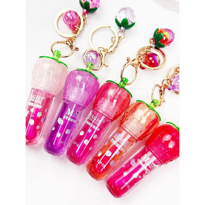 Strawberry Charm Lip Gloss Keychain | Mini Strawberry Lip Oil Key Ring