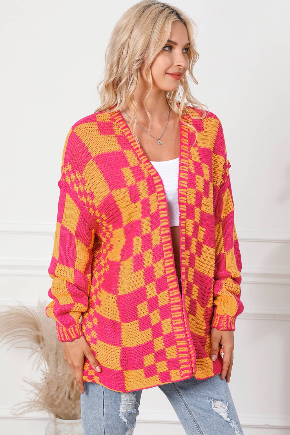 Open Front Mixed Checkered Pattern Knit Cardigan