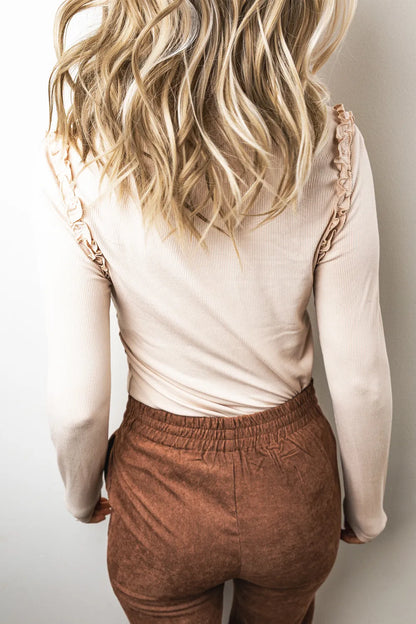 ~PREORDER~ Soft Ruffle Ribbed Long Sleeve Top – Beige ~PREORDER~