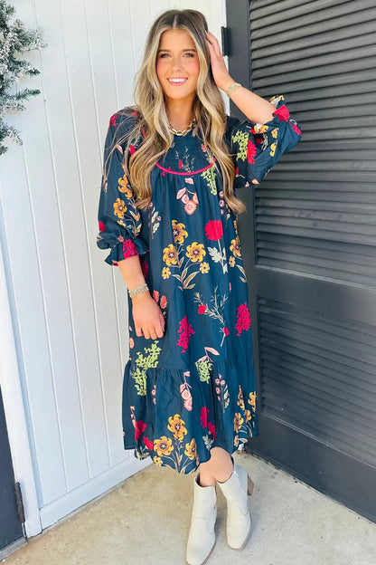 ~PREORDER~ Blue Floral Gathered Neckline Midi Dress ~PREORDER~