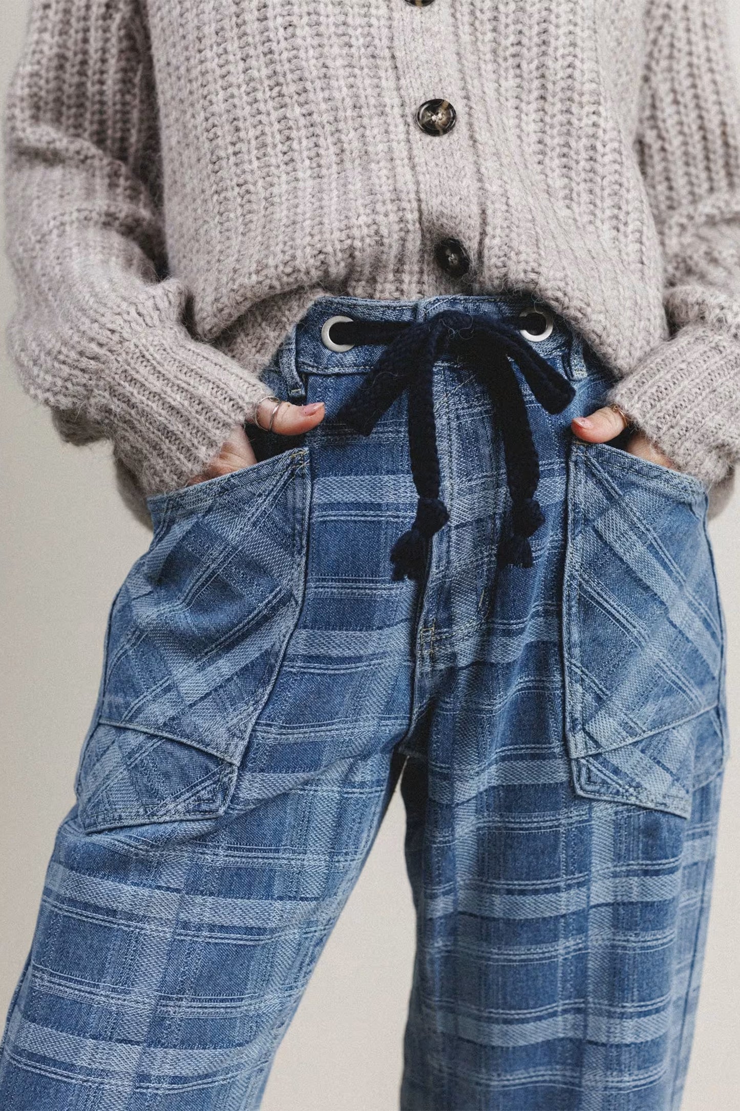~PREORDER ~ Plaid Denim Drawstring Waist Ankle-Length Jeans ~PREORDER ~