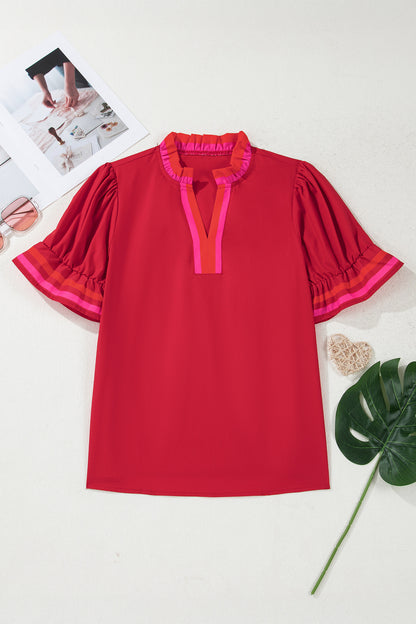 Fiery Red Ruffle Sleeve Blouse | Striped Trim Frill Collar Top
