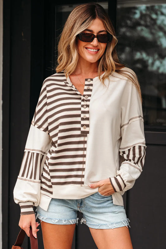 Stripe Stitched Color Block Oversized Pullover Top | Khaki or Pink Patchwork Long Sleeve Top