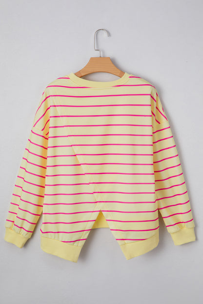 Striped Round Neck Sweatshirt with Overlap Back – Yellow & Pink Stripes