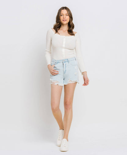 Vintage Edge Super High Rise Distressed Mom Shorts – Non Stretch Denim Cutoffs V2880 Vervet