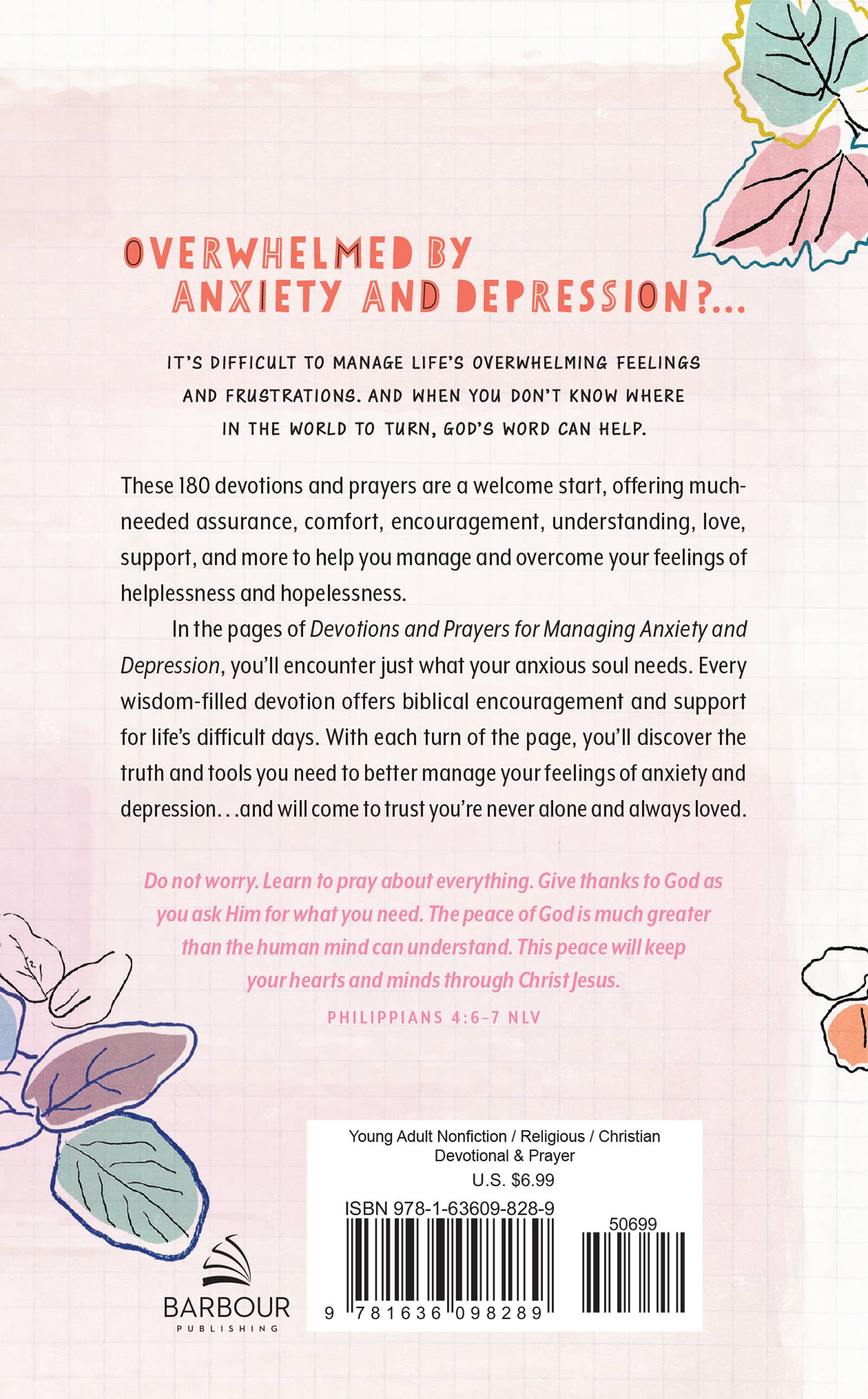 “Devotions & Prayers for Managing Anxiety & Depression (Teen Girl) book cover”

“Interior sample page of devotional with prayer and scripture excerpt”

“Side view of devotional book, 192 pages”