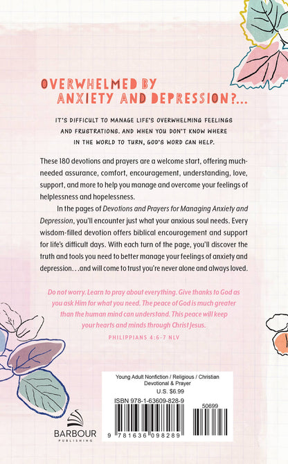 “Devotions & Prayers for Managing Anxiety & Depression (Teen Girl) book cover”

“Interior sample page of devotional with prayer and scripture excerpt”

“Side view of devotional book, 192 pages”