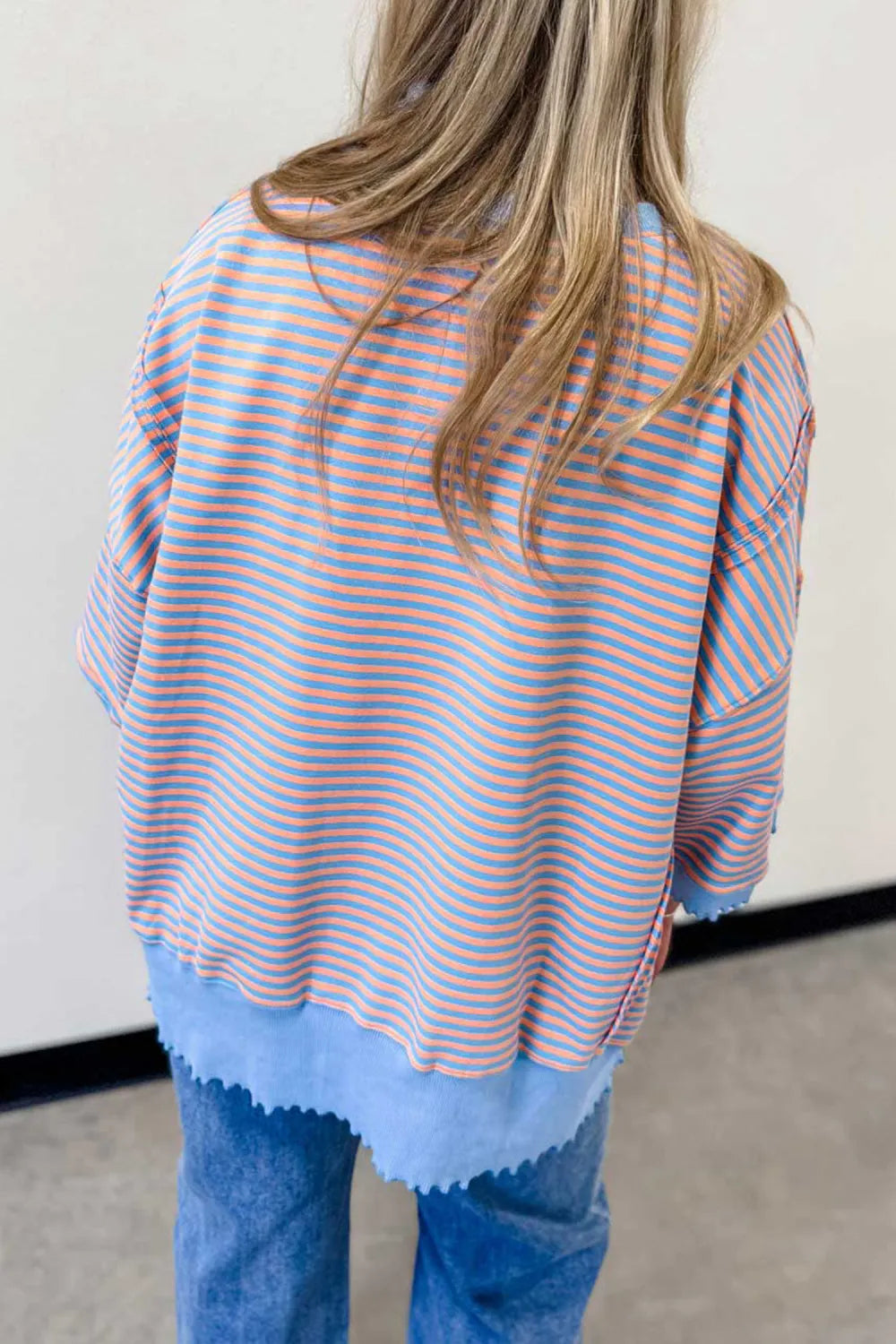 ~PREORDER~ Peachy Blue Scallop Stripe Oversized 3/4 Sleeve Top ~PREORDER~