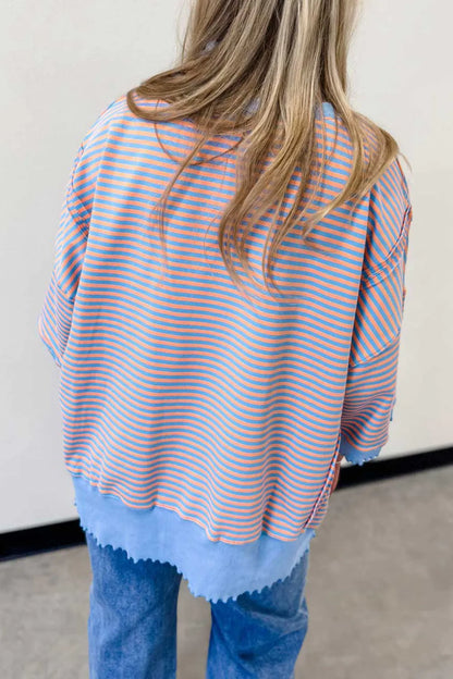~PREORDER~ Peachy Blue Scallop Stripe Oversized 3/4 Sleeve Top ~PREORDER~